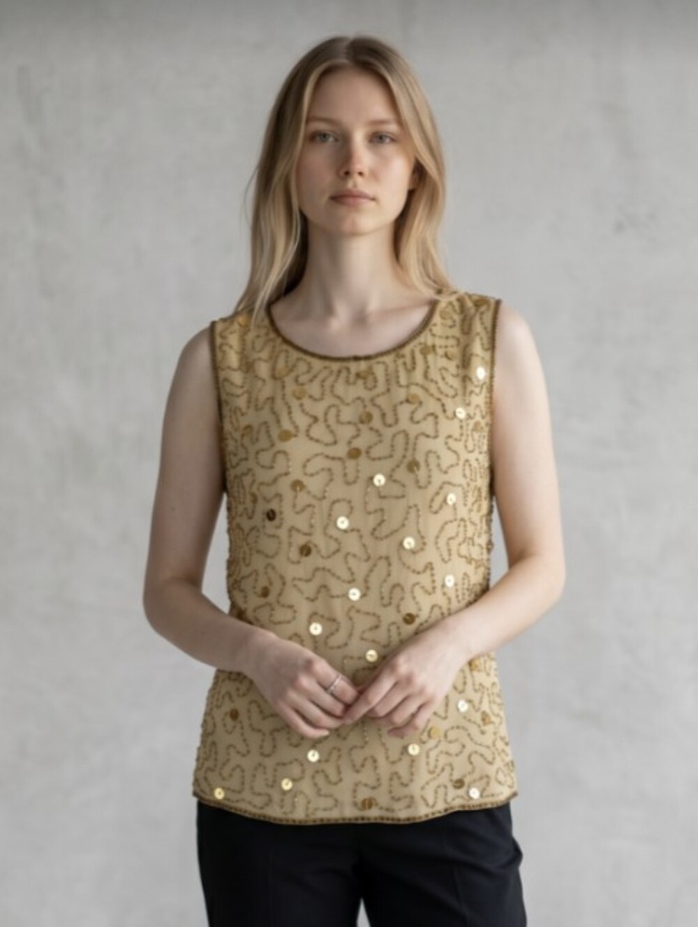 BEADED DRAMA ESSENTIALS! GOLD SQUIGGLY BEADED SEQUINNED 100% SILK BLOUSE TOP! XL